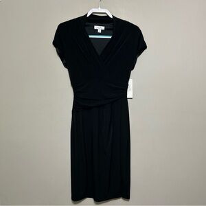 Ivy & Blue Womens Dress 6 Black Faux Wrap Skirt Short Sleeve Midi Stretch V Neck